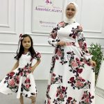 Çiçekli Anne Kız Kombin Elbise Beyaz