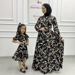 Desenli Anne Kız Kombin Elbise Siyah
