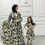 Desenli  Anne Kız Kombin Elbise Bej