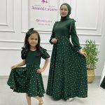 Eteği Puantiye Anne Kız Kombin Elbise Yeşil