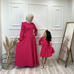 Omzu Bağcıklı Anne Kız Kombin Elbise Fuşya