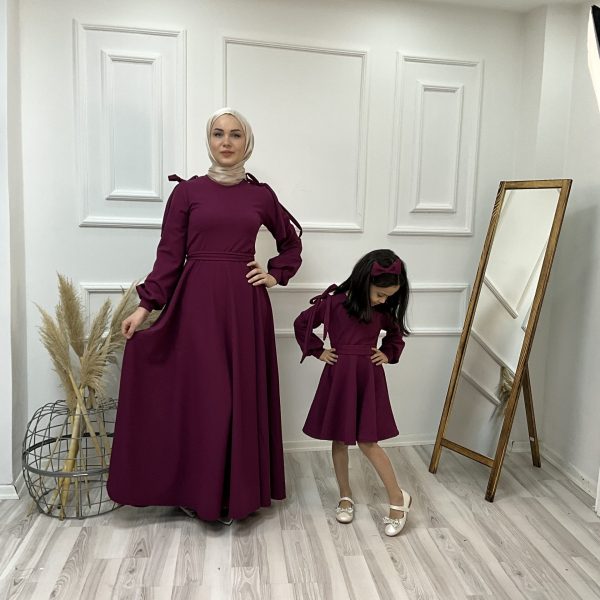 Omzu Bağcıklı Anne Kız Kombin Elbise Mürdüm