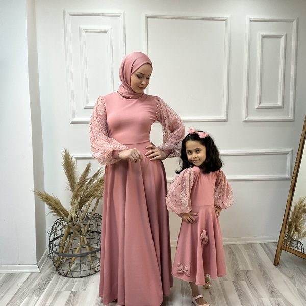 Kolu Tüllü Anne Kız Kombin Elbise Pembe