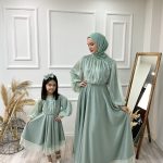 Simli Tül Anne Kız Kombin Elbise Su Yeşili