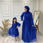 Simli Tül Anne Kız Kombin Elbise Mavi