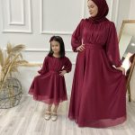 Simli Tül Anne Kız Kombin Elbise Bordo