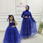 İnci Görünümlü Abiye Anne Kız Kombin Mavi