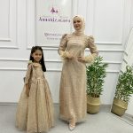 Gümüş Taş Desenli Anne Kız Abiye Bej