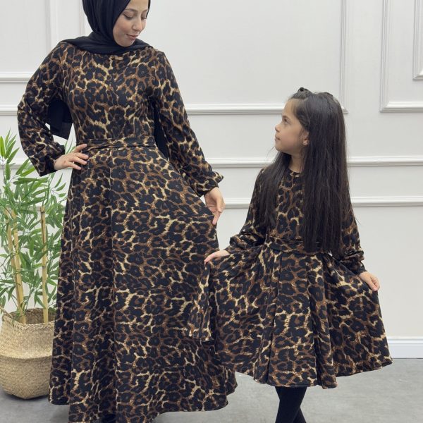 Leopar Anne Kız Kombin Elbise Siyah Üzeri Kahve