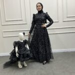 Anne Kız Gümüş Simli Abiye Siyah